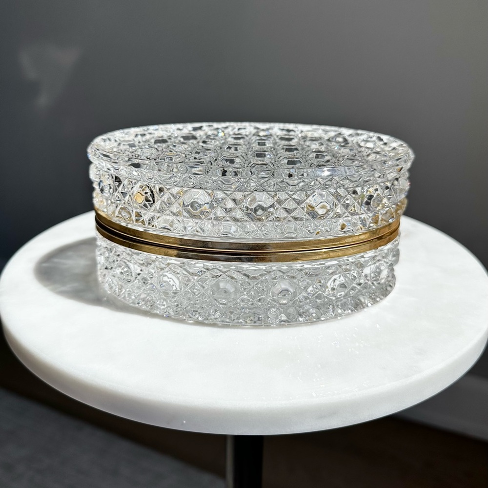 Vintage Baccarat Style Crystal French Jewelry Casket Box with Gold Brass Accent